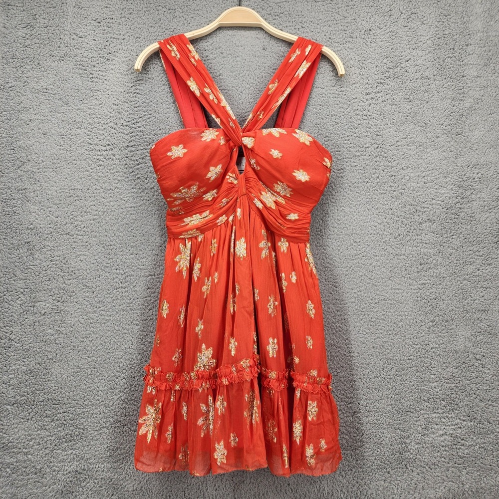 Saylor Orange Gold Lurex Floral Mini Dress Smocked Back Ruffle Hem Womens Small‎
